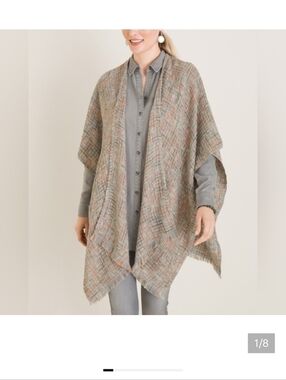 New Chico’s Gray Plaid Tweed Ruana Wrap Poncho Wrap One Size